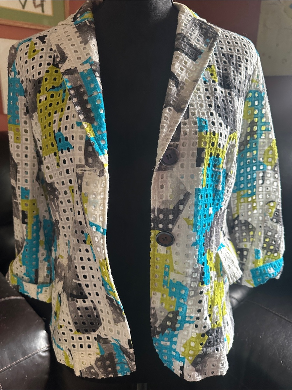 Per Se Turquoise, Lime & Gray Eyelet Blazer